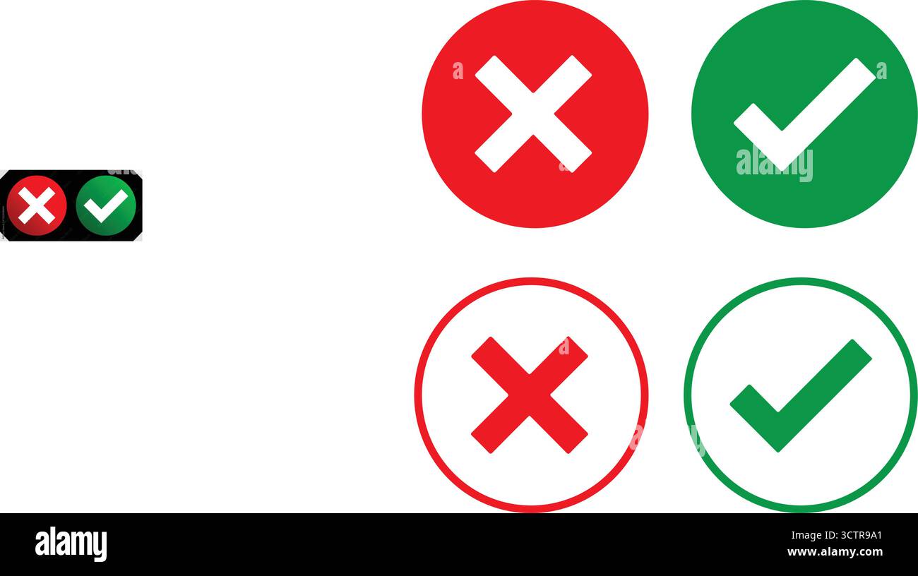 Segno di spunta verde icona Emoji, pulsante di approvazione segno con segno di spunta e simboli a croce - vettore Illustrazione Vettoriale