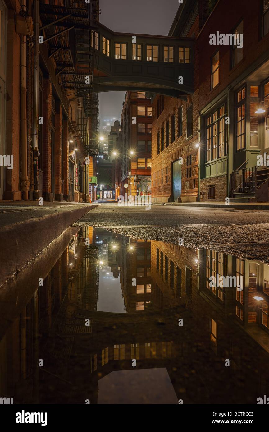 Moody Night Street con riflessioni e architettura storica a New York - luci urbane e composizione artistica Foto Stock