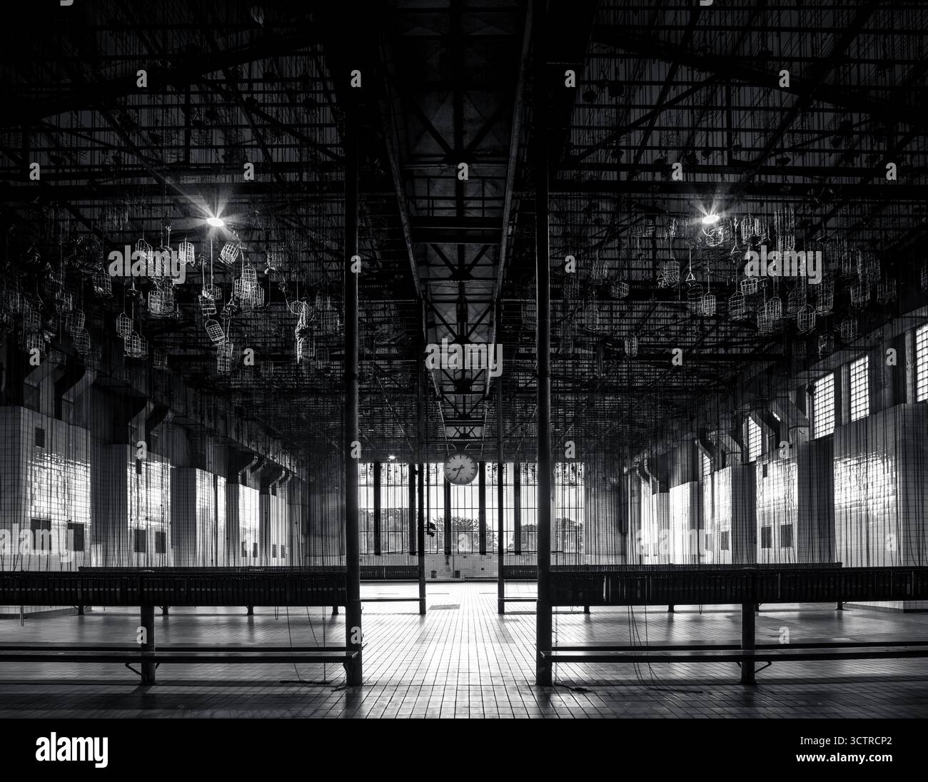 Sala industriale abbandonata con cestelli appesi e luce drammatica - Fotografia di architettura fine Art in bianco e nero Foto Stock