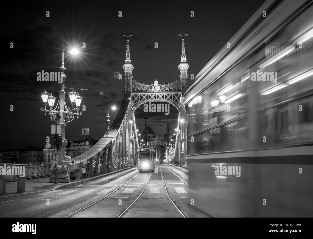 Vista notturna del Ponte della libertà con tram e luci della città, architettura urbana e fotografia in movimento a Budapest, monocromatica Foto Stock
