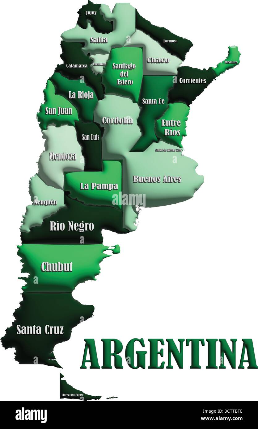 Mappa Argentina con nome del paese – pallone 3D verde illustrazione vettoriale dettagliata per geografia, viaggi e istruzione Illustrazione Vettoriale