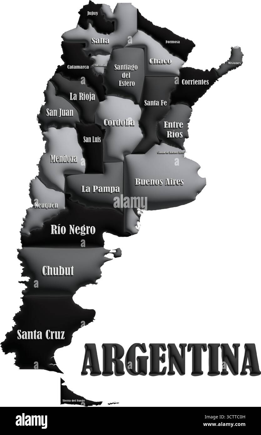 Mappa Argentina con nome del paese – pallone grigio 3D illustrazione dettagliata del vettore per geografia, viaggi e istruzione Illustrazione Vettoriale