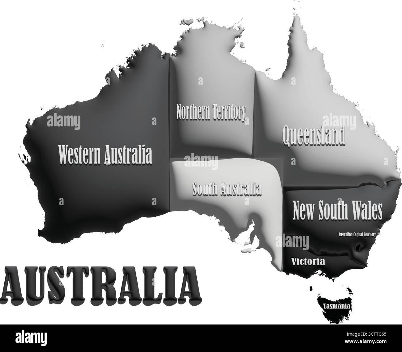 Mappa Australia – illustrazione vettoriale monocromatica 3D della struttura del paese per la geografia, i viaggi e l'istruzione Illustrazione Vettoriale