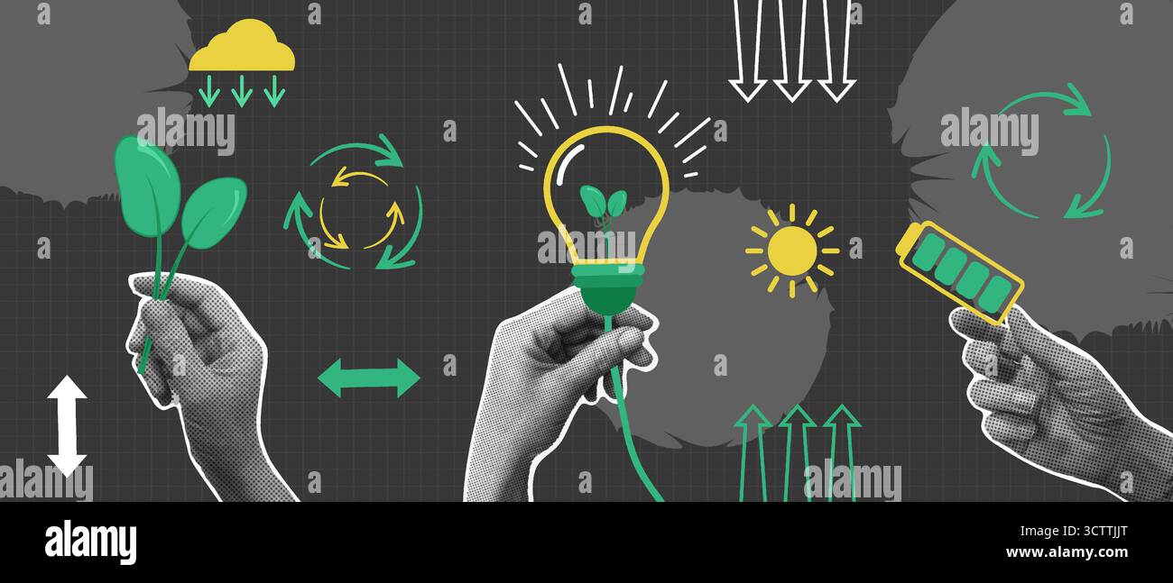Set di eco zero rifiuti, applique mezzitoni mani per contenere la batteria del supporto energetico, la lampada e salvare la natura. Concetto di uso ecologico delle risorse energetiche Illustrazione Vettoriale