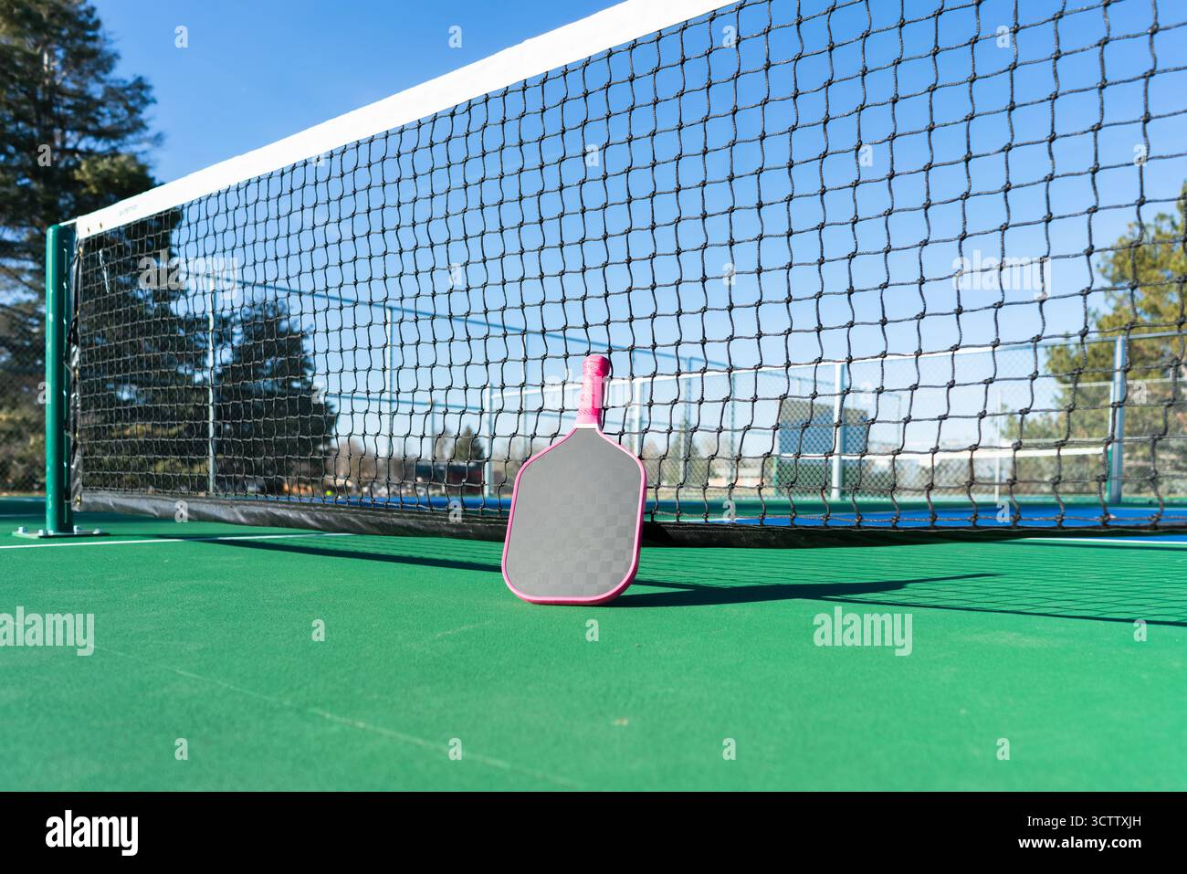 Vista dall'angolo basso del paddle da picchetto appoggiato contro la rete di un campo da pallacanestro all'aperto, campo da gioco verde e blu Foto Stock