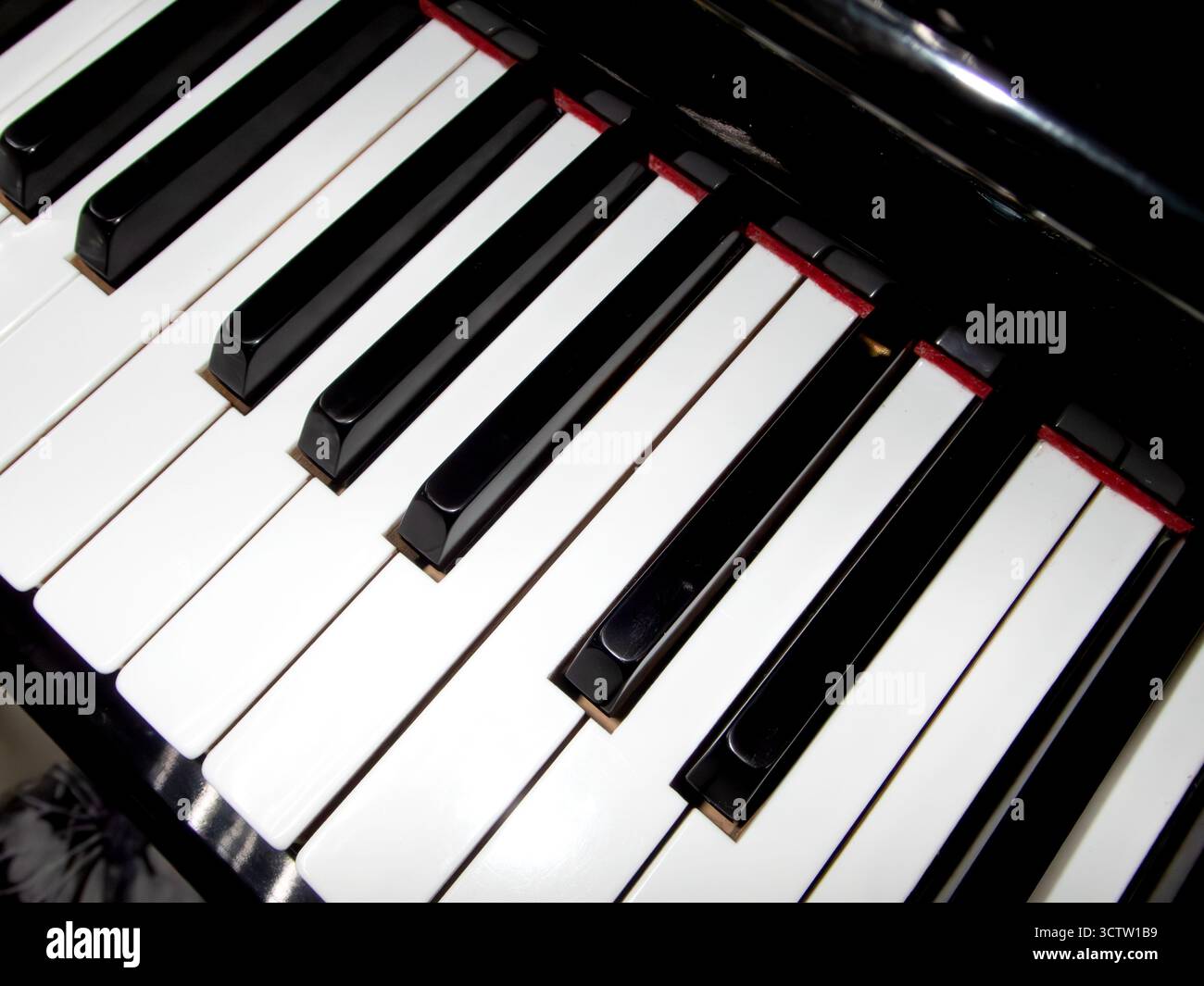 Vista laterale ravvicinata dei tasti piano in bianco e nero lucido con il riflesso del bordo in ottone dorato da un angolo basso con una profondità di campo ridotta. Foto Stock