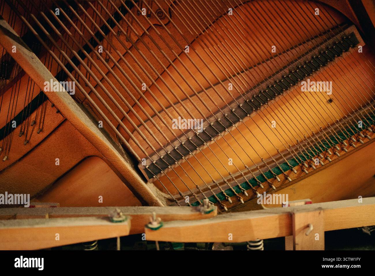 Vecchi martelli da pianoforte vintage con corde da vicino. Foto Stock