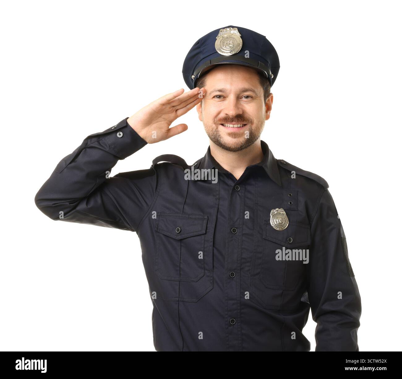 Poliziotto in uniforme in posa su sfondo bianco Foto Stock