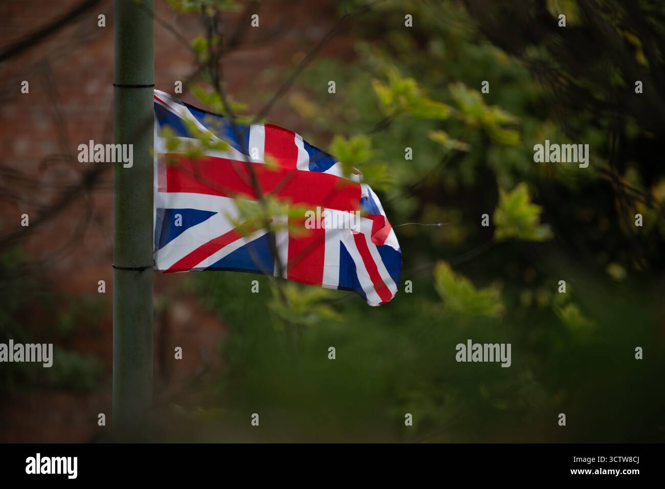Bandiera Union Jack che sventola su un palo di fronte agli edifici britannici, simbolo del Regno Unito Foto Stock