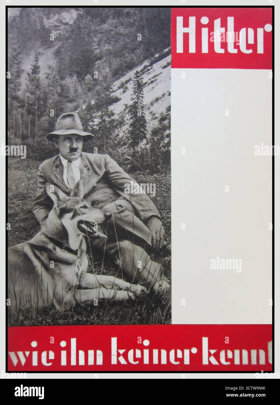 1932 foto di copertina del libro di Hitler wie ihn keiner kennt ('Hitler come nessuno lo conosce'). Il libro era una collaborazione tra Adolf Hitler e il suo fotografo ufficiale, Heinrich Hoffmann. Faceva parte di uno sforzo propagandistico per presentare un lato più avvicinabile e carismatico di Hitler. La fotografia mostra Hitler con il suo pastore tedesco in un ambiente alpino. La pubblicazione ebbe un successo commerciale, vendendo oltre 400.000 copie. Foto Stock