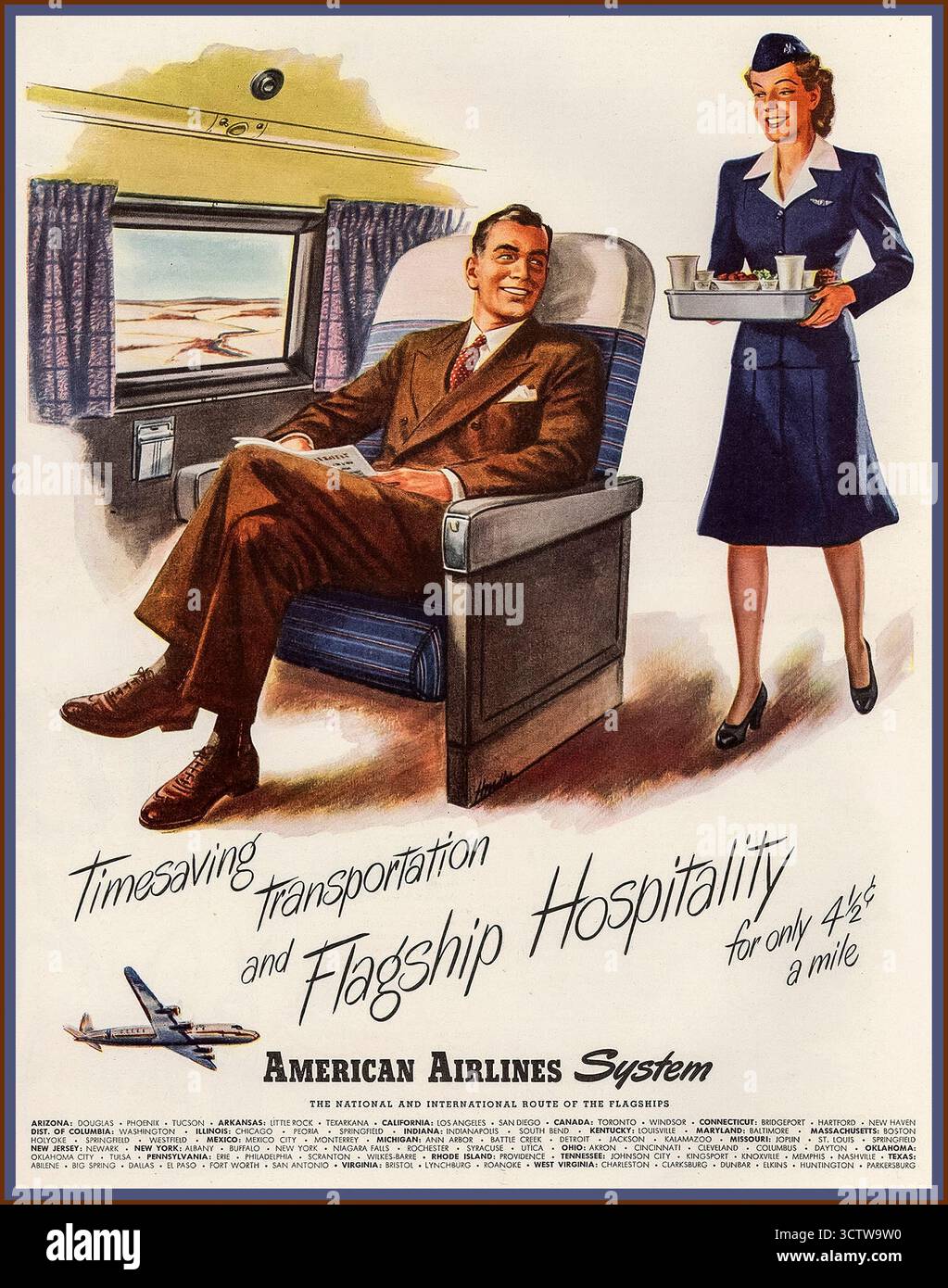 Pubblicità di viaggi aerei vintage del 1940 per American Airlines del 1946. L'annuncio promuove il "risparmio di tempo nei trasporti e l'ospitalità di punta". Presenta un passeggero maschio che si rilassa su un sedile mentre un assistente di volo lo serve. Il prezzo pubblicizzato per il volo è di 1/2 centesimi a miglio. L'opera è stata creata da John Falter, un noto illustratore americano. Foto Stock