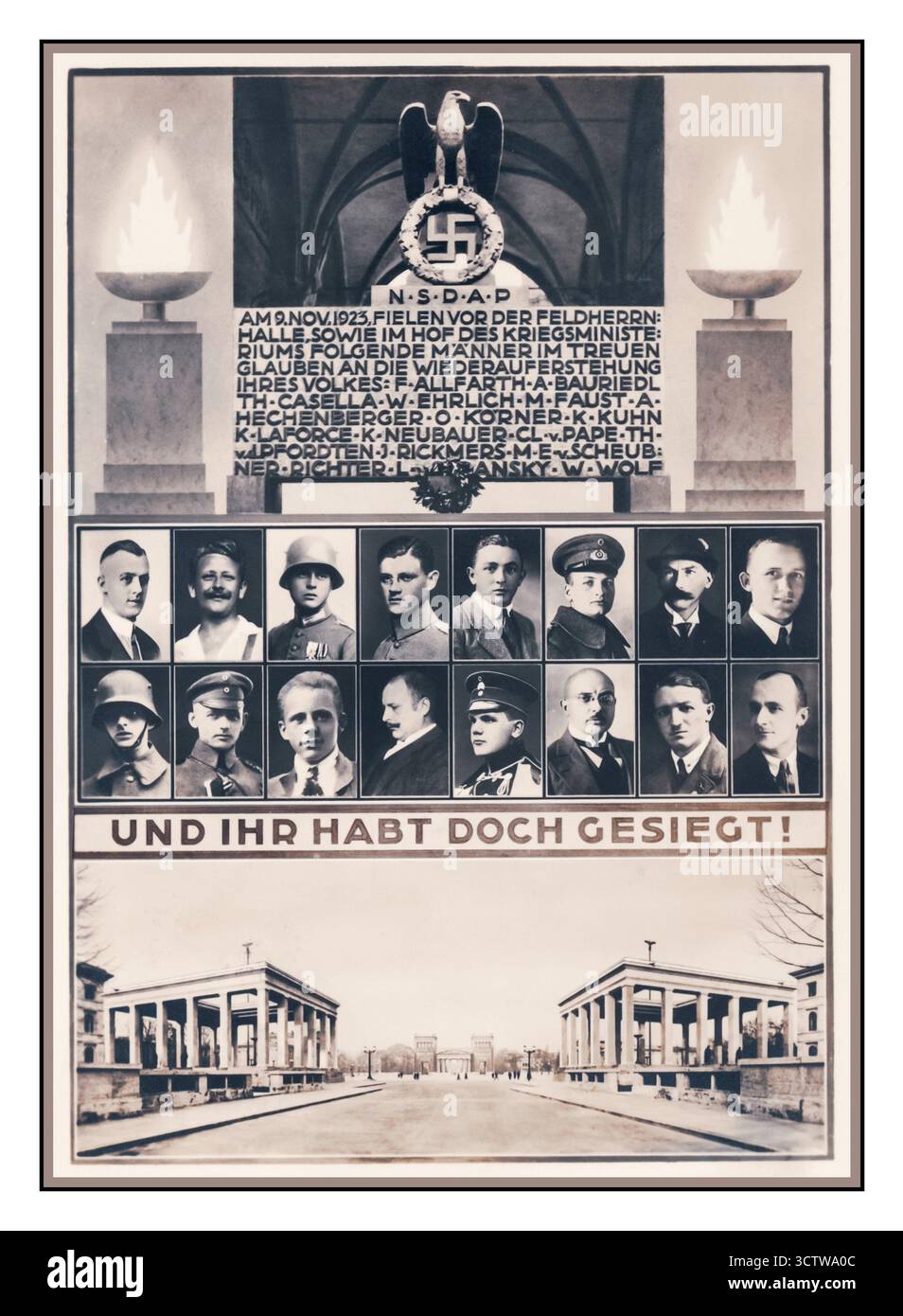 MONACO DI BAVIERA PUTSCH 1923 carta di propaganda nazista dal terzo Reich - eppure hai trionfato. NS-D-A-P il 9 novembre 1923, i seguenti uomini caddero di fronte alla Feldherrnhalle e nel cortile del Ministero della Guerra credendo fedele nella risurrezione del loro popolo: Il Feldherrnhalle, un monumento a Monaco dove il putsch si concluse con un confronto con la polizia. Monumento sulla Feldherrnhalle di Monaco, Germania, 1936. “E tu sei stato vittorioso dopo tutto!” Germania nazista Foto Stock