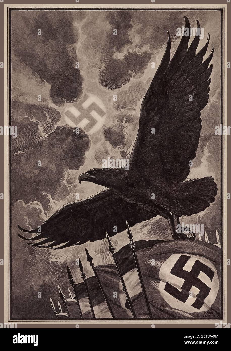 Manifesto di propaganda nazista anni '1940 della seconda guerra mondiale. Il manifesto presenta una grande aquila, un simbolo del Reich tedesco, che si innalza sopra le bandiere con svastiche. La propaganda nazista, guidata da Joseph Goebbels, utilizzò vari media, tra cui poster, film e radio, controllare l'opinione pubblica e promuovere l'ideologia nazista. Un tema chiave di questa propaganda era il "culto del leader", che ritraeva Adolf Hitler come il salvatore della nazione. La propaganda si concentrava anche sulla creazione di un senso di "Comunità popolare”, creando contemporaneamente la paura di un "nemico all'interno”, in particolare nei confronti del popolo ebraico. Foto Stock Manifesto di propaganda nazista anni '1940 della seconda guerra mondiale. Il manifesto presenta una grande aquila, un simbolo del Reich tedesco, che si innalza sopra le bandiere con svastiche. La propaganda nazista, guidata da Joseph Goebbels, utilizzò vari media, tra cui poster, film e radio, controllare l'opinione pubblica e promuovere l'ideologia nazista. Un tema chiave di questa propaganda era il "culto del leader", che ritraeva Adolf Hitler come il salvatore della nazione. La propaganda si concentrava anche sulla creazione di un senso di "Comunità popolare”, creando contemporaneamente la paura di un "nemico all'interno”, in particolare nei confronti del popolo ebraico. Foto Stock