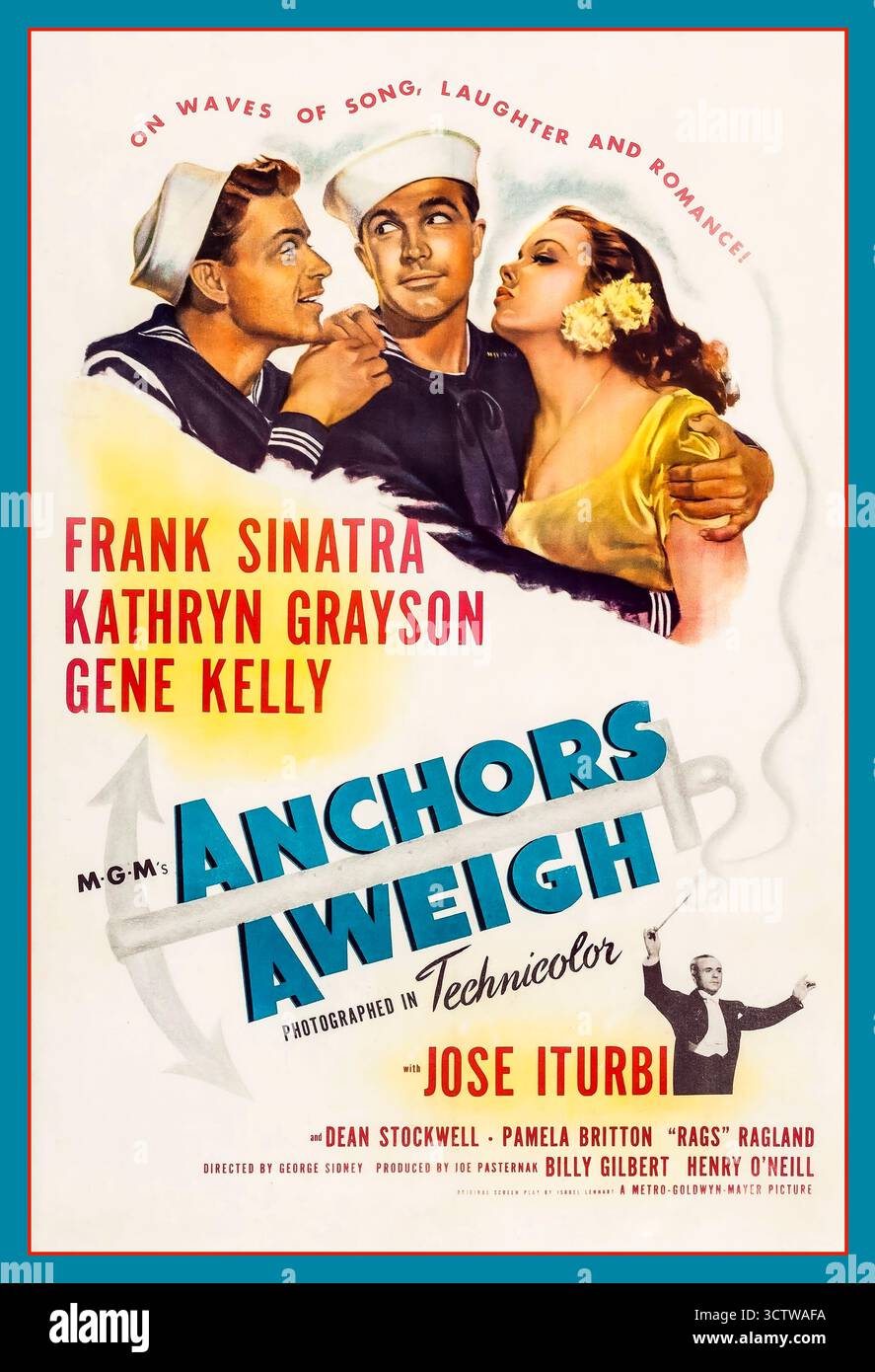 Anchors Aweigh poster della pellicola originale del 1945. Interpretato da Frank Sinatra, Kathryn Grayson , Gene Kelly Hollywood USA MGM 1945 USA diretto da George Sidney. Pubblicità di poster vintage anni '1940. Hollywood USA Foto Stock