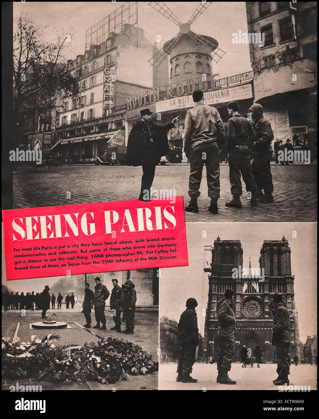 1945 seconda Guerra Mondiale gi americani in congedo a Parigi con Moulin Rouge e Gendarme, la Cattedrale di Notre Dame e la Tomba del Milite Ignoto , dopo la fine dell'occupazione nazista. All'interno della rivista YANK, il settimanale dell'esercito 27 aprile 1945 5 centesimi Parigi Francia seconda guerra mondiale Foto Stock