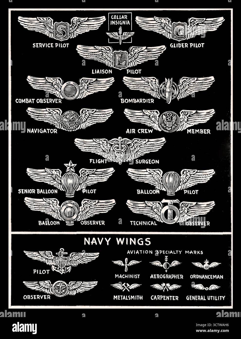 WW2 USA Flying Crew Wings Uniform Signia Recognition poster illustrazione, per pilota, copilota, navigatore, bombardiere, ecc. 1940 seconda guerra mondiale Foto Stock