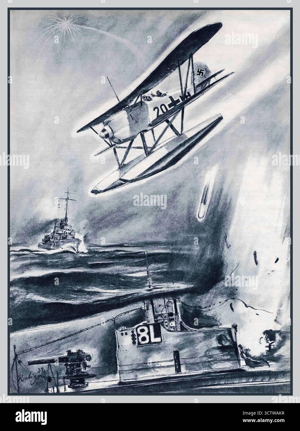 WW2 Sinking UK Submarines Nazi Propaganda 16 maggio 1939 edizione di Der Adler intitolata «Fliegern Jagd U-Boote» o «Fliegern Jagd U-Boote». Ad accompagnare la storia è stato raffigurato un solitario idrovolante Heinkel 60 lanciato dalla sua nave madre e alla ricerca metodicamente di un sottomarino nemico che minacciava la sua flotta. Heinkel HE 60 bombardando un sottomarino in superficie che sfoggiava il codice «8L’.1939 propaganda opere d’arte fittizie che contenevano così tanti elementi chiave per gli eventi del maggio 1940 e la scomparsa del sottomarino britannico, HMS Seal. Foto Stock WW2 Sinking UK Submarines Nazi Propaganda 16 maggio 1939 edizione di Der Adler intitolata «Fliegern Jagd U-Boote» o «Fliegern Jagd U-Boote». Ad accompagnare la storia è stato raffigurato un solitario idrovolante Heinkel 60 lanciato dalla sua nave madre e alla ricerca metodicamente di un sottomarino nemico che minacciava la sua flotta. Heinkel HE 60 bombardando un sottomarino in superficie che sfoggiava il codice «8L’.1939 propaganda opere d’arte fittizie che contenevano così tanti elementi chiave per gli eventi del maggio 1940 e la scomparsa del sottomarino britannico, HMS Seal. Foto Stock
