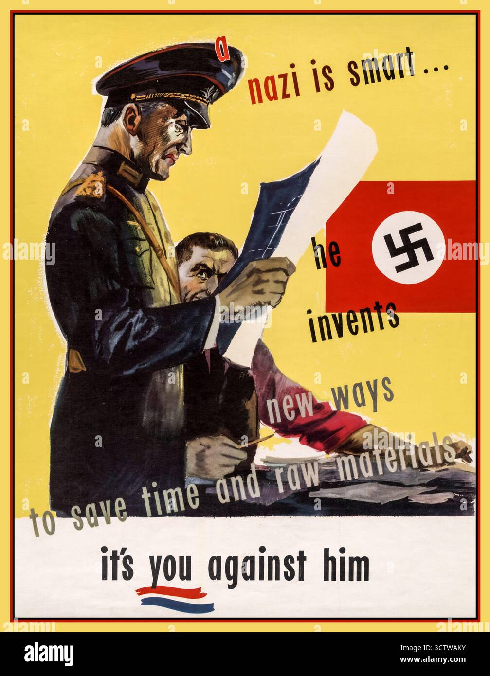 PROPAGANDA NAZISTA WW2 Un nazista è intelligente... Ha inventato nuovi modi per risparmiare tempo e materie prime: Sei tu contro di lui poster della propaganda della seconda guerra mondiale 1942 Un ufficiale nazista guarda i piani di un disegnatore con una bandiera di svastica nazista sullo sfondo. Foto Stock PROPAGANDA NAZISTA WW2 Un nazista è intelligente... Ha inventato nuovi modi per risparmiare tempo e materie prime: Sei tu contro di lui poster della propaganda della seconda guerra mondiale 1942 Un ufficiale nazista guarda i piani di un disegnatore con una bandiera di svastica nazista sullo sfondo. Foto Stock