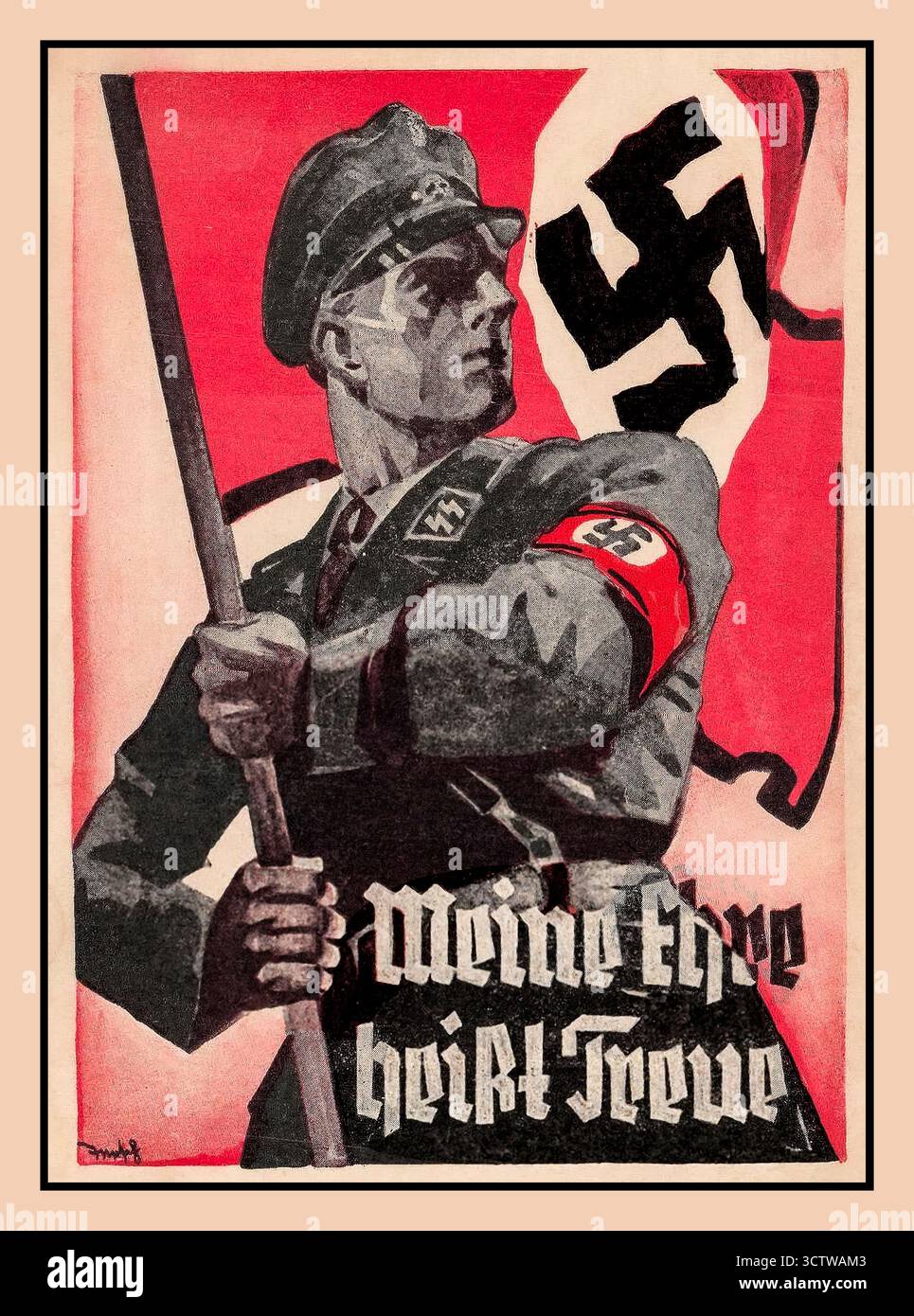 Waffen SS - "il mio onore è lealtà", designer L. Gersch, Norimberga, editore A. Nierhaus, Norimberga Germania nazista soldato Waffen SS sventolando una grande bandiera svastica con un bracciale svastica. Poster da cartolina di propaganda Germania nazista Foto Stock