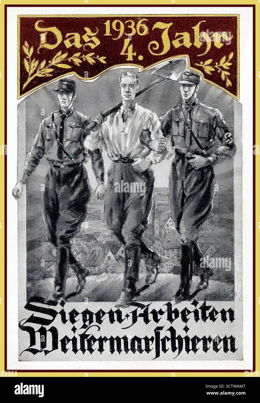 La cartolina DI COMPLEANNO DI HITLER prodotta commercialmente e presenta le celebrazioni naziste di Berlino per il compleanno di Hitler nel 1936. Siegen Arbeiten Weitermarschieren: Conquer Work March on SA-Propaganda-Postcard . «1936 - Das 4. Jahr' Siegen - Arbeiten - Weitermachen. Ungebraucht i tre uomini nell'immagine sono membri delle SA (Sturmabteilung), note anche come "stormtroopers" o "camicie marroni", che era l'ala paramilitare originale del partito nazista. Foto Stock