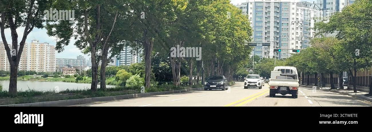 Questa fotografia di condomini a Gyeongju, Corea del Sud. La Corea del Sud ha subito una rapida urbanizzazione e sviluppo a partire dalla metà del XX secolo, portando a un paesaggio dominato da complessi di appartamenti alti, che sono la forma primaria di alloggio per una grande percentuale della popolazione. 2025. Foto Stock