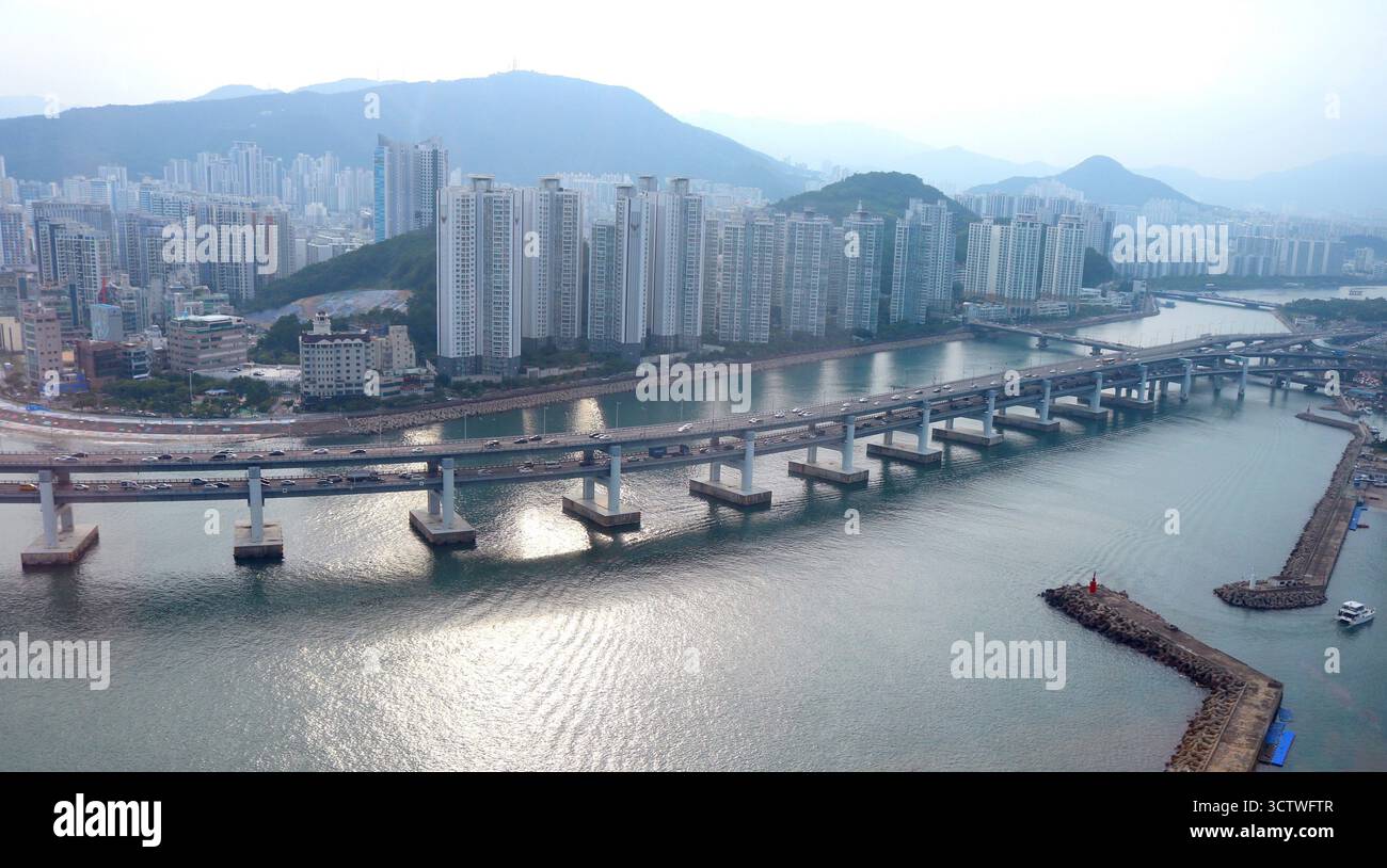Una fotografia aerea del Gwangan Bridge (???, Gwangandaegyo), un importante ponte sospeso situato a Busan, Corea del Sud, che collega il distretto di Haeundae al distretto di Suyeong. L'intero ponte si estende per 7.420 metri, il che lo rende il secondo ponte più lungo del paese dopo il ponte Incheon. La costruzione iniziò nel 1994 e si concluse nel dicembre 2002, con un'apertura ufficiale nel gennaio 2003, che costò 789,9 miliardi di won. Da allora è diventato un simbolo iconico di Busan, un'importante città portuale conosciuta per il suo vivace paesaggio urbano e le pittoresche aree costiere. 2025. Foto Stock Una fotografia aerea del Gwangan Bridge (???, Gwangandaegyo), un importante ponte sospeso situato a Busan, Corea del Sud, che collega il distretto di Haeundae al distretto di Suyeong. L'intero ponte si estende per 7.420 metri, il che lo rende il secondo ponte più lungo del paese dopo il ponte Incheon. La costruzione iniziò nel 1994 e si concluse nel dicembre 2002, con un'apertura ufficiale nel gennaio 2003, che costò 789,9 miliardi di won. Da allora è diventato un simbolo iconico di Busan, un'importante città portuale conosciuta per il suo vivace paesaggio urbano e le pittoresche aree costiere. 2025. Foto Stock