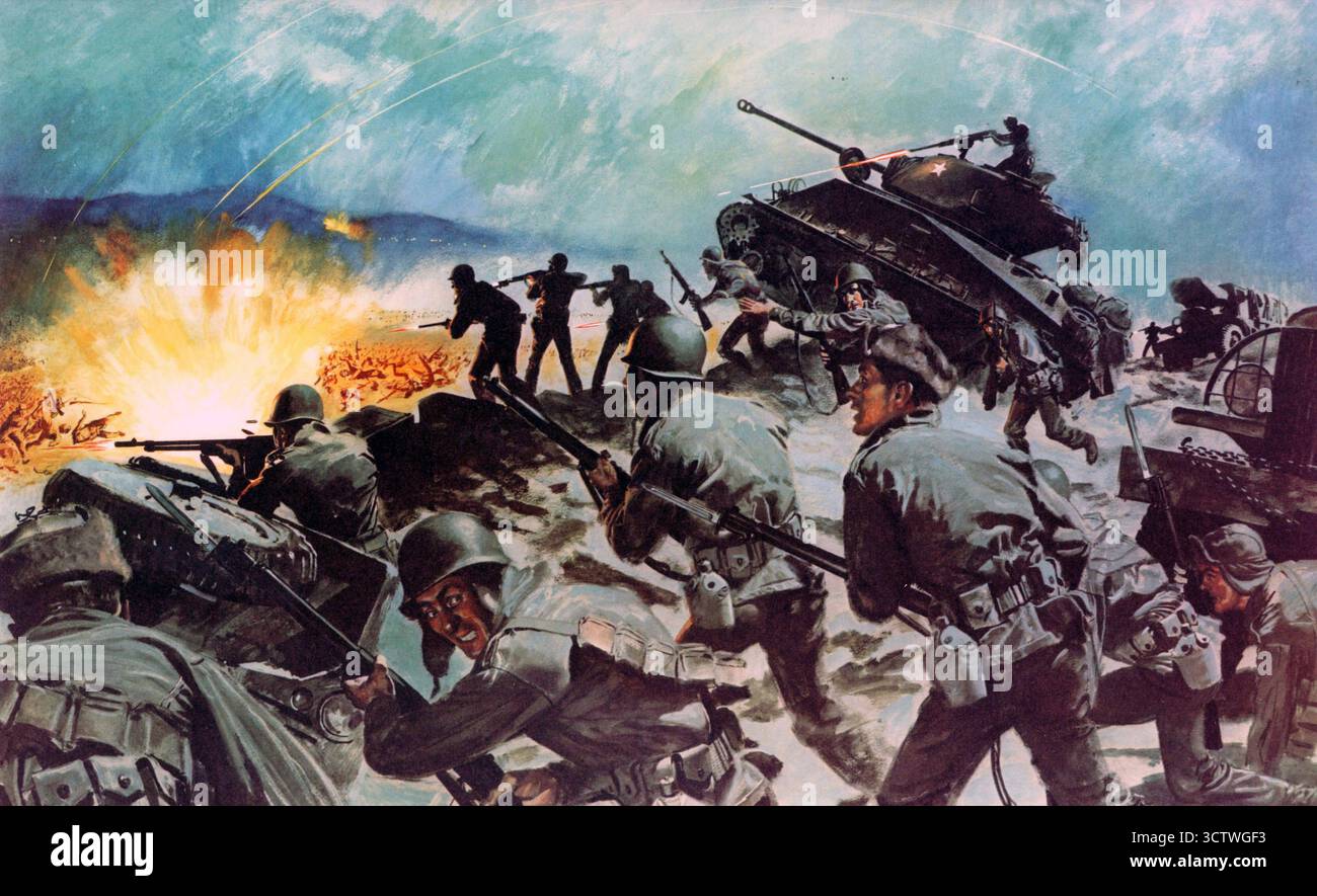 Un'illustrazione ritagliata da un poster dell'esercito degli Stati Uniti raffigurante la battaglia di Chipyong-Ni, uno scontro durante la guerra di Corea. Nel febbraio del 1951, il 23d Infantry Combat Team della 2d Infantry Division, con unità francesi e olandesi attaccate, mentre avanzava per attaccare in anticipo l'Ottava Armata, fu tagliato fuori e circondato dalle forze schiaccianti dei rossi cinesi nella stretta valle coreana di Chipyong-ni. I rossi occuparono le creste di comando, mentre il comandante americano, il colonnello Paul Freeman, isolato molto prima della linea di battaglia generale, utilizzò un anello di colline inferiori all'interno della valle Foto Stock