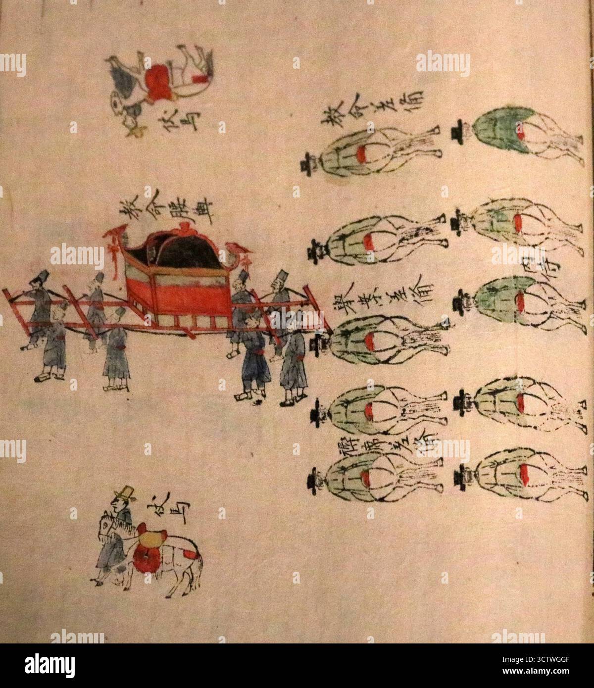 Un'illustrazione tratta da un Uigwe (??, protocolli reali) dell'era Joseon in Corea, che descrive il processo di selezione di una principessa ereditaria quando il re Sunjong (??) Stava servendo come principe ereditario. Questi protocolli reali dettagliati documentavano i principali riti di stato, cerimonie ed eventi, servendo come registri ufficiali e guide per le generazioni future. L'immagine raffigura una processione formale al Palazzo Gyeonbokung (???, Palazzo Gyeongbokgung), Seul, Corea del Sud. 1907. Foto Stock