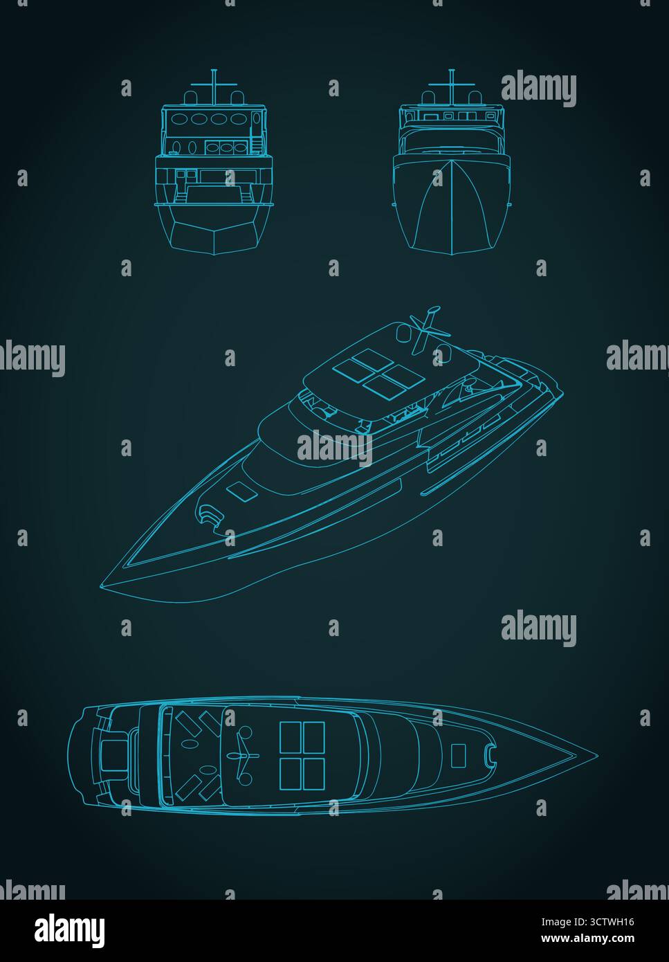 Illustrazione vettoriale stilizzata dei progetti di uno yacht di lusso Illustrazione Vettoriale