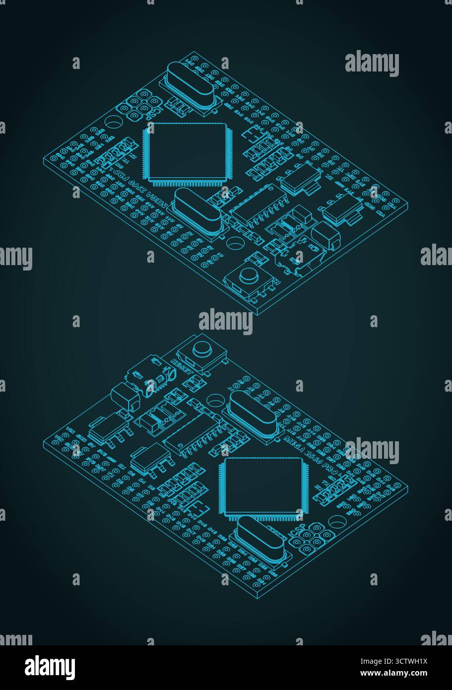 Disegni isometrici del microcontrollore Arduino Mega Pro Illustrazione Vettoriale