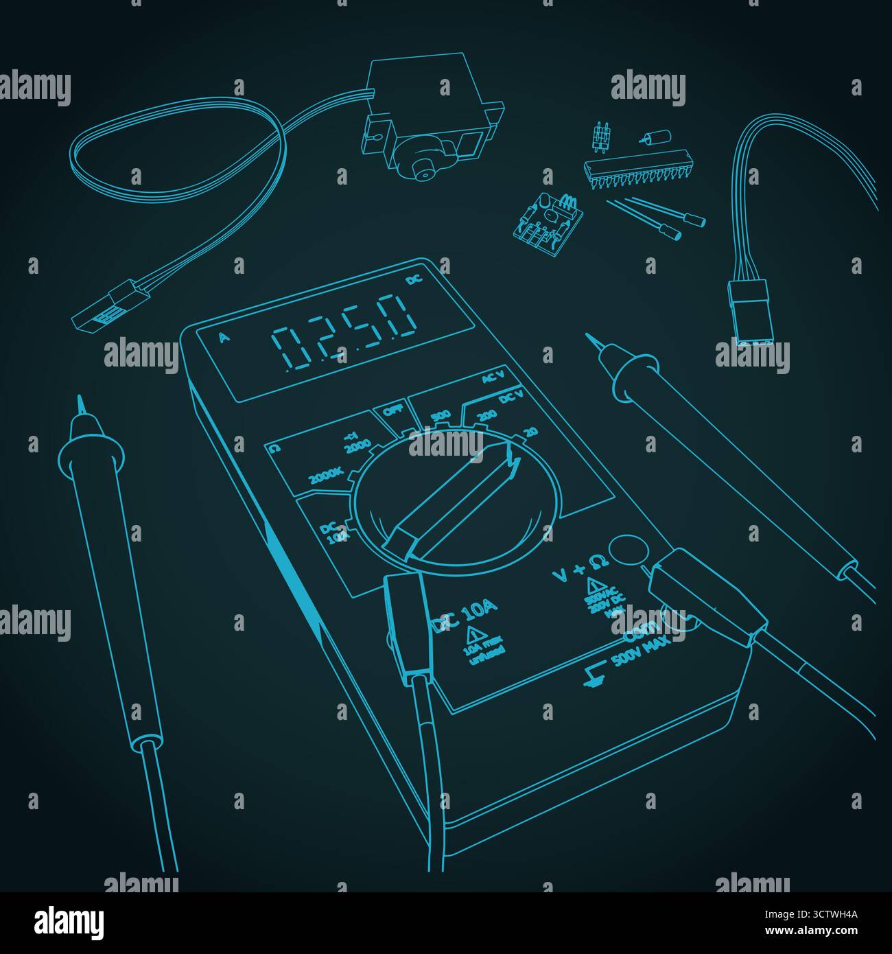 Kit di componenti elettronici per la formazione degli ingegneri elettronici e per gli appassionati di elettronica illustrazione vettoriale stilizzata Illustrazione Vettoriale