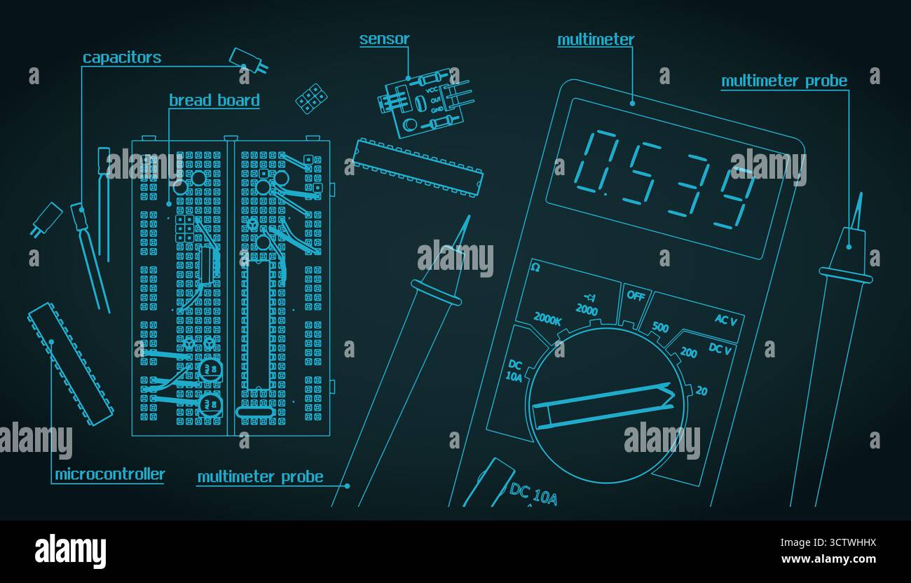 Kit di componenti elettronici per la formazione degli ingegneri elettronici e per gli appassionati di elettronica illustrazione vettoriale stilizzata Illustrazione Vettoriale