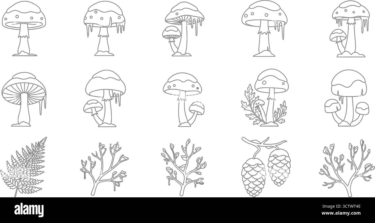 Illustrazioni di funghi e piante in stile line art, che mostrano diverse specie e disposizioni per disegni naturali Illustrazione Vettoriale