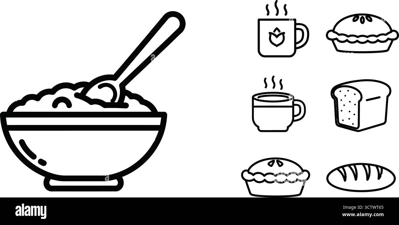 Collezione di icone del cibo e delle bevande per la colazione, tra cui una ciotola di cereali, caffè, torta e pane Illustrazione Vettoriale