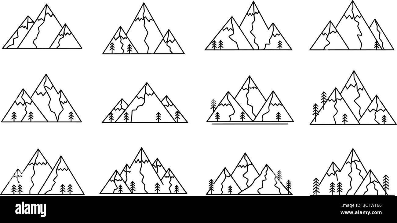 Vari design della catena montuosa in uno stile artistico di linea, che mostra diverse cime e disposizione degli alberi Illustrazione Vettoriale