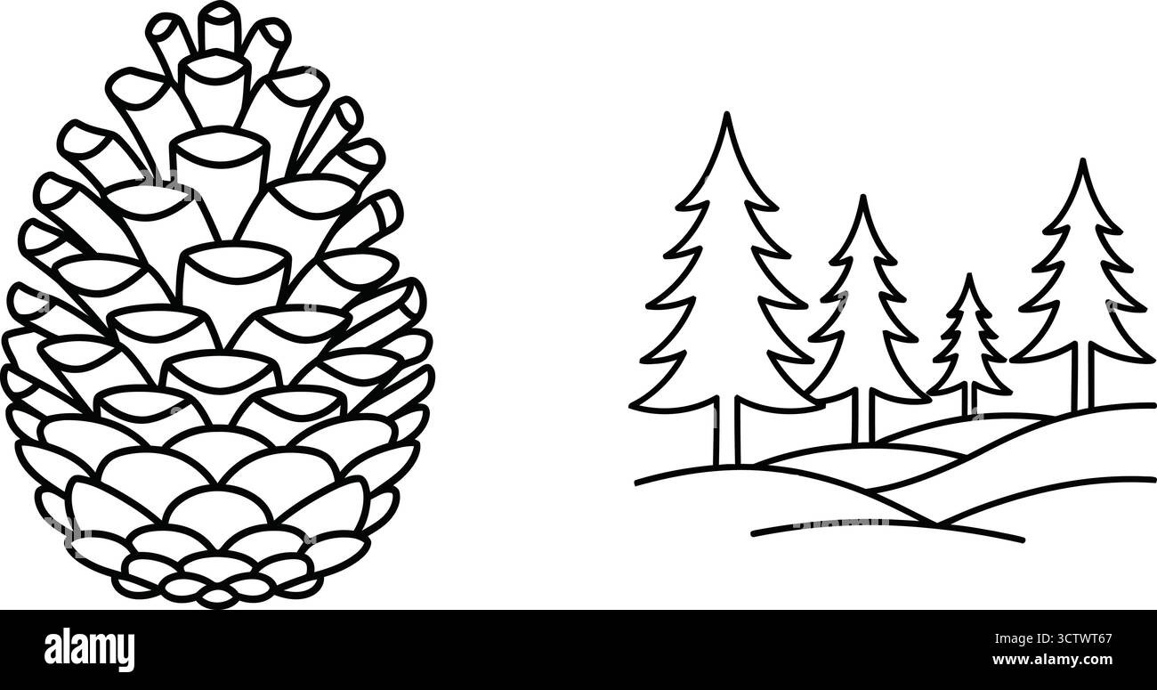 Pinecone e alberi sempreverdi su una collina, semplice disegno di linea Illustrazione Vettoriale