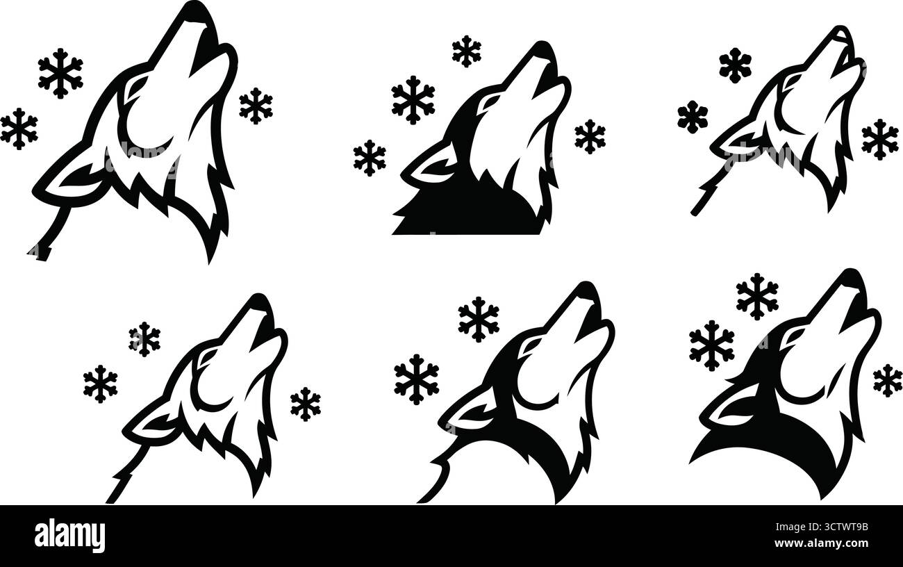 Sei icone nere e bianche della testa di lupo che urlano, circondate da fiocchi di neve su sfondo bianco Illustrazione Vettoriale