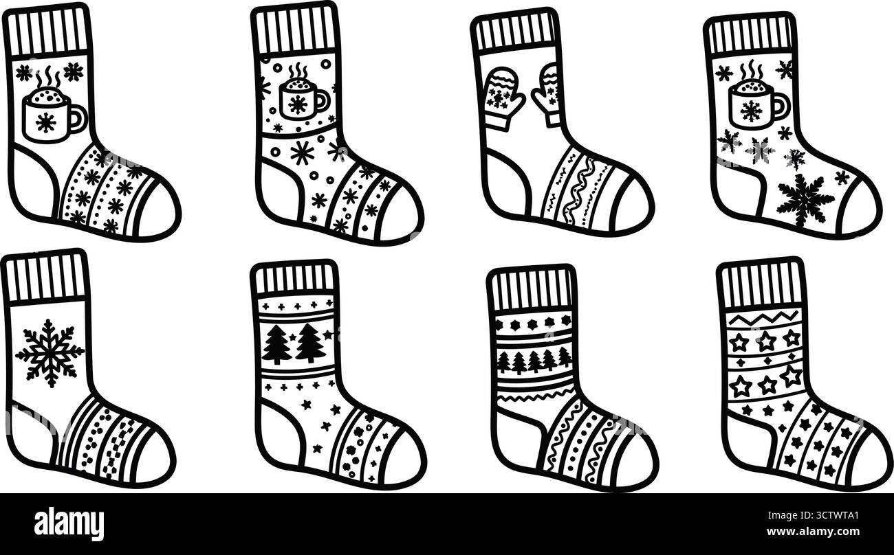Collezione di calze natalizie con diversi modelli Illustrazione Vettoriale