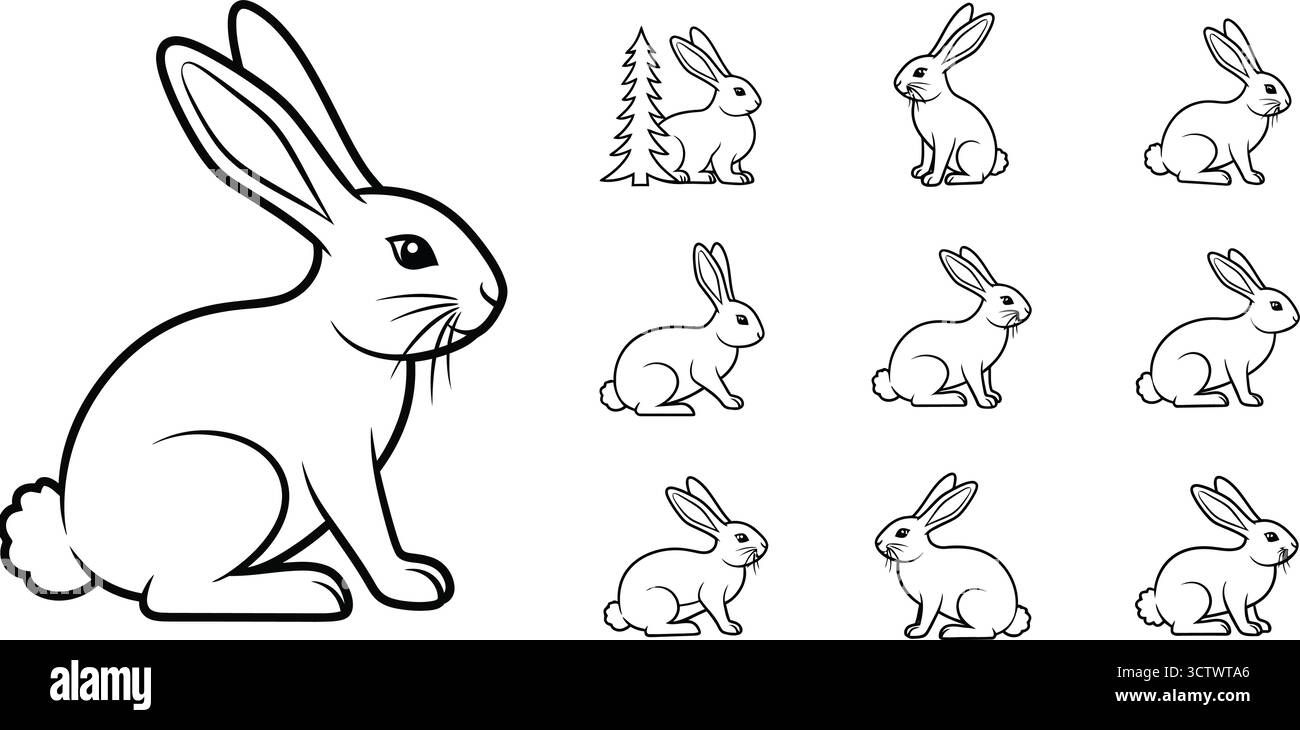 Collezione di conigli in varie pose, con le loro caratteristiche carine e pelosi Illustrazione Vettoriale