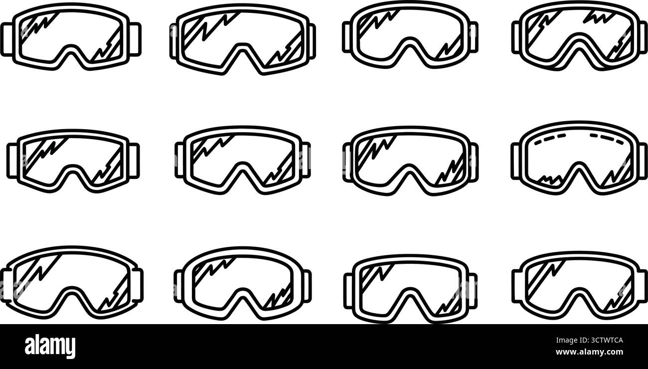 Set di occhiali da sci, equipaggiamento essenziale per gli sport invernali e protezione per gli occhi sulle piste Illustrazione Vettoriale