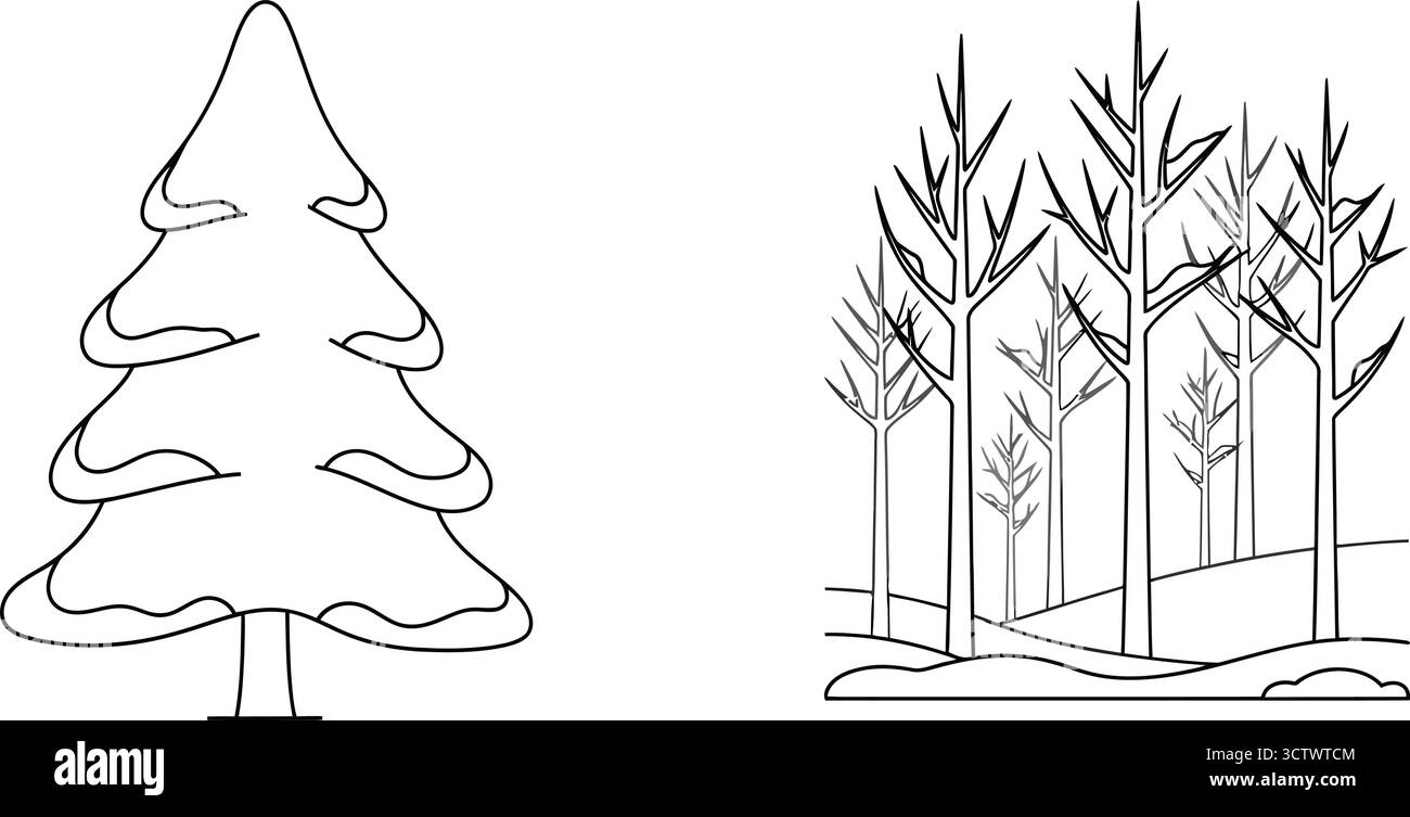 Collezione di alberi di Natale, che mostrano le loro caratteristiche festive e sempreverdi Illustrazione Vettoriale