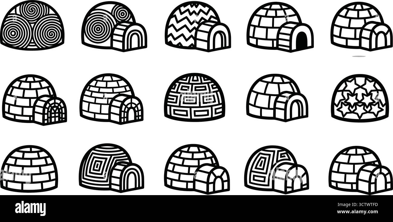 Set di icone a igloo disegnate a mano, collezione di doodle per la casa invernale Illustrazione Vettoriale