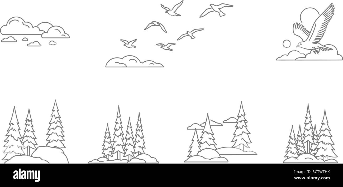 Scena naturale con uccelli, nuvole e alberi in semplice stile artistico, che mette in mostra la bellezza naturale Illustrazione Vettoriale