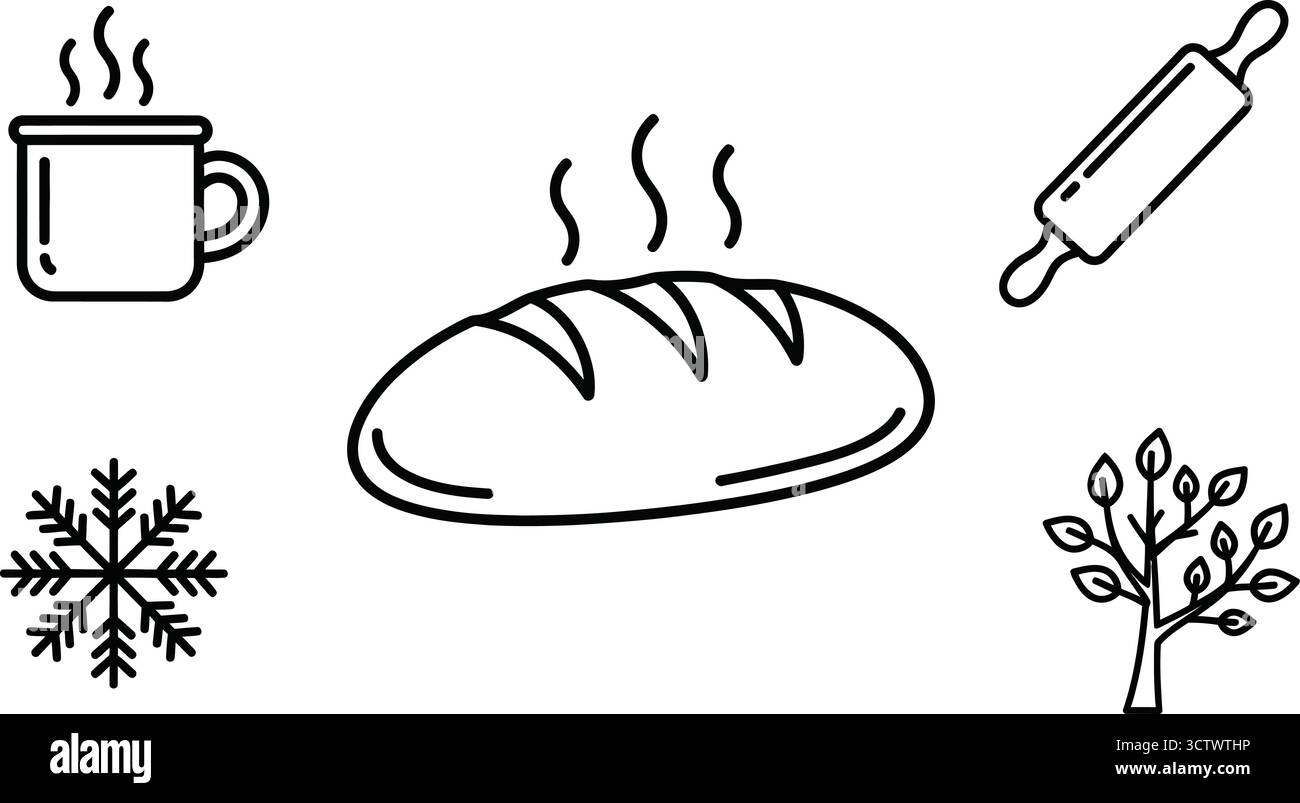 Illustrazione in line art che mostra una tazza, un pane, un mattarello, un fiocco di neve e un albero con foglie su sfondo bianco Illustrazione Vettoriale