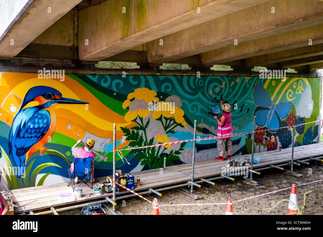 Artisti locali spruzzano colorate scene di uccelli e animali su un muro sottopassaggio vicino al fiume Ouse, Lewes, East Sussex, Regno Unito. Foto Stock