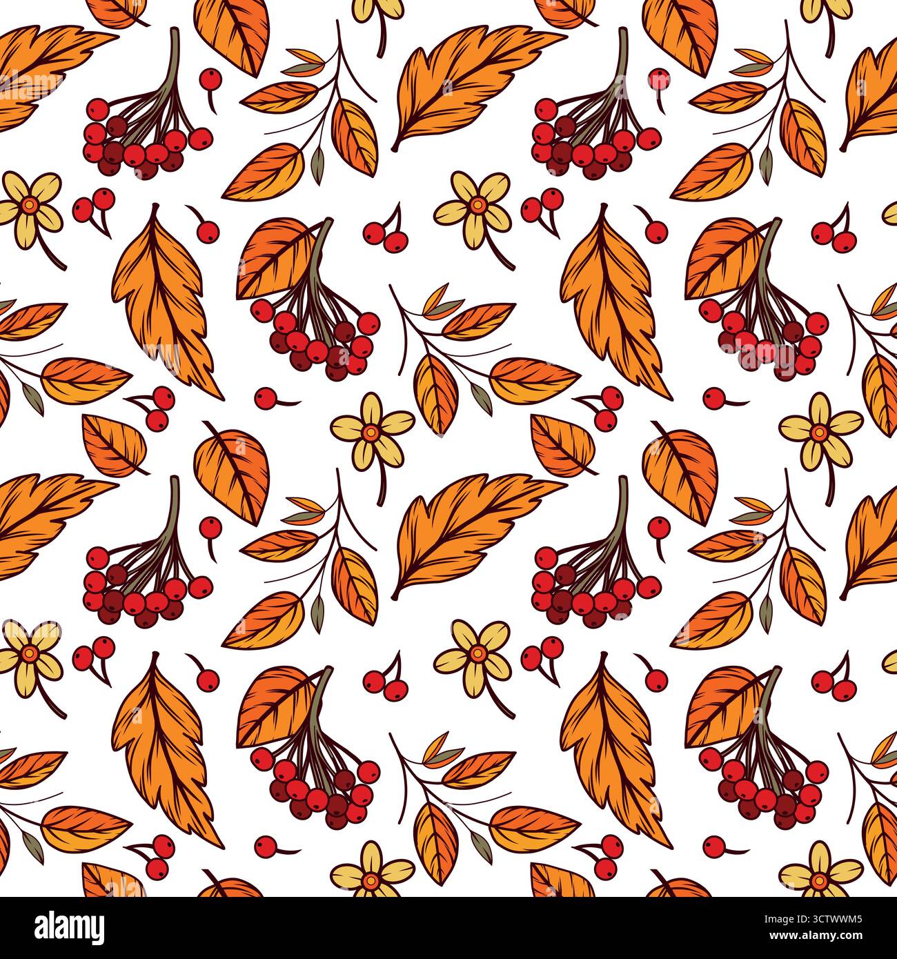 Motivo vettoriale senza cuciture di bacche di rowan, foglie, fiori gialli, ramoscelli. Tutti gli oggetti sono disegnati a mano in vettore. L'illustrazione è adatta per Illustrazione Vettoriale