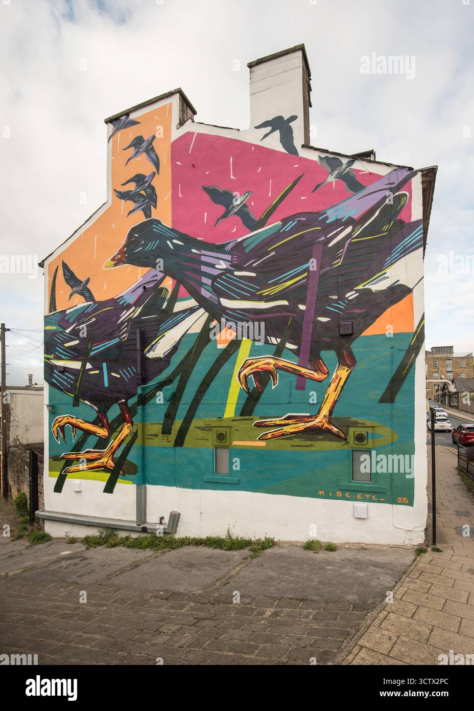 Colorato murale nella città di Bingley nel West Yorkshire, subito in fondo alla galleria in Park Rd che si affaccia sul canale e sulla circonvallazione. Foto Stock