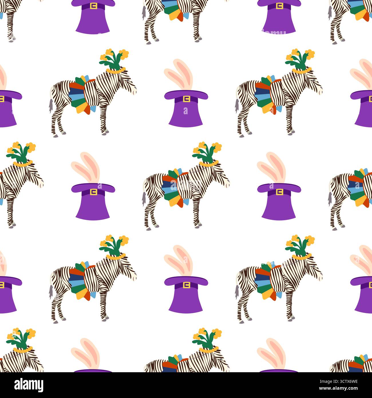 Motivo senza cuciture con tema CIRCUS. Caratteri Circus zebra. Stile cartoni animati piatto. Illustrazione Vettoriale