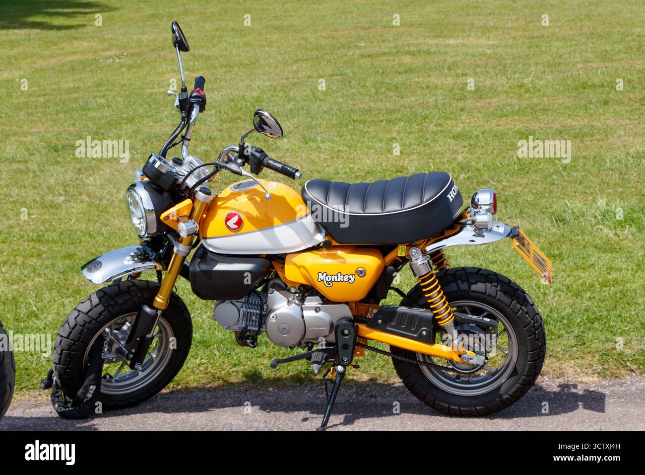 Moto gialla Honda Monkey parcheggiata su un'area erbosa illuminata dal sole con specchietto retrovisore visibile e sedile nero uk Foto Stock