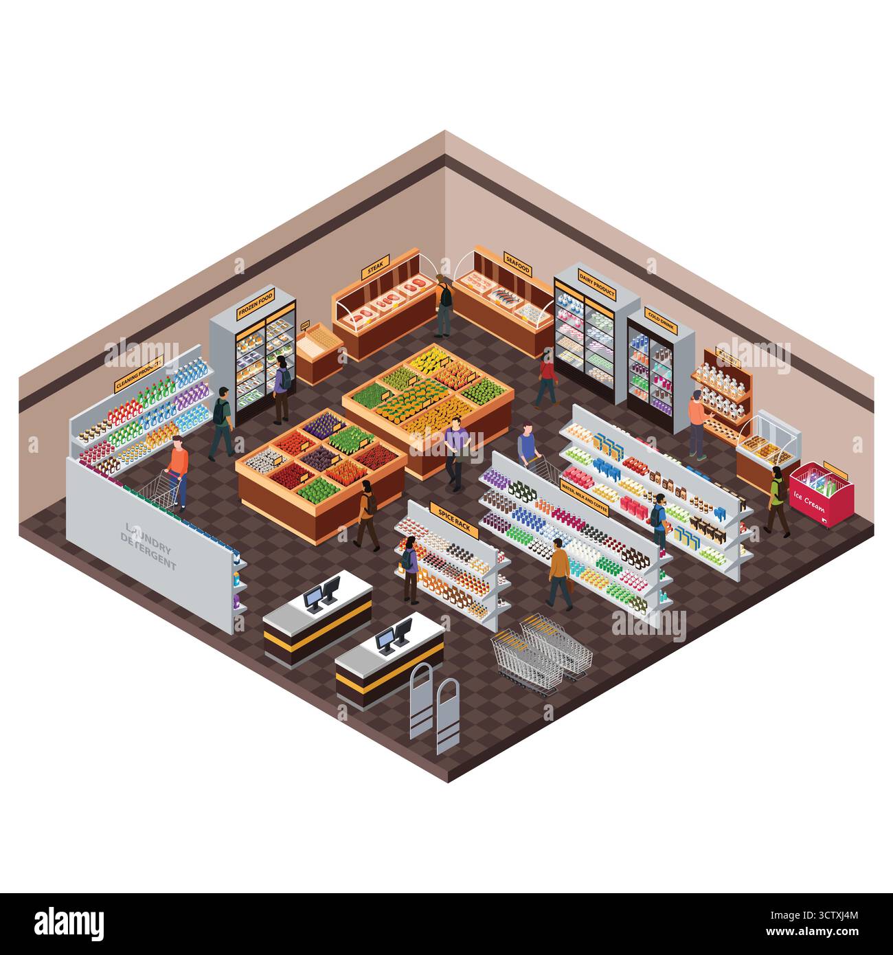 Illustrazione vettoriale dell'interno del negozio di alimentari isometrico Illustrazione Vettoriale